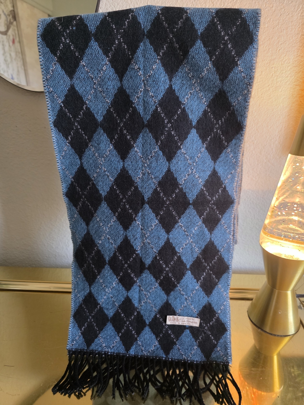Blue and Black Cashmere Argyle Knit Scarf - Men's Accessory